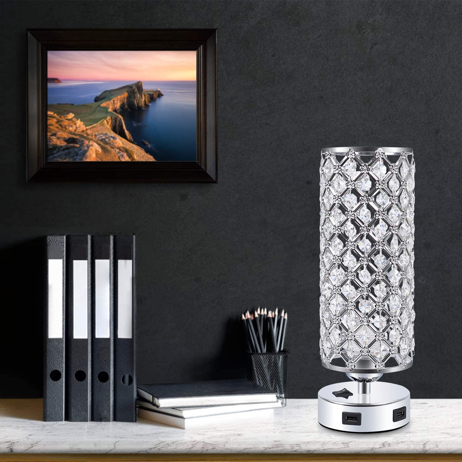 USB Crystal Table Lamps Bedside Lamps Set of 2, Modern Nightstand Lamps with Dual USB Charging Ports, Glam Bedroom Lamps Table Lamps for Bedroom, Living Room, Study Room and Office (Set of 2)