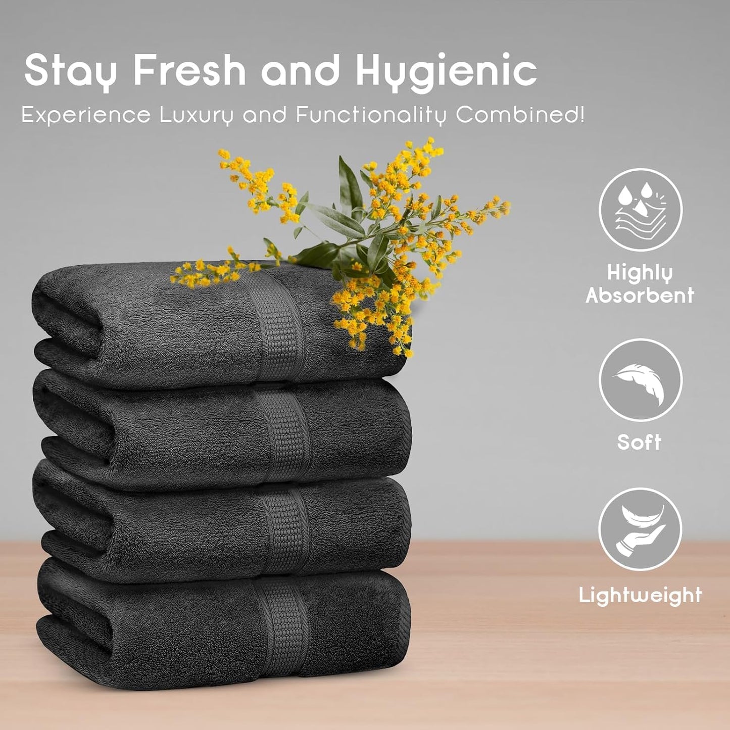 Bath Towel Set of 4-100% Cotton, 30 X 52 Inch Large Bath Towels, Soft & Highly Absorbent, Quick-Dry, Oeko-Tex Certified - Premium Towels for Bathroom, Gym, Pool, Spa - Grey